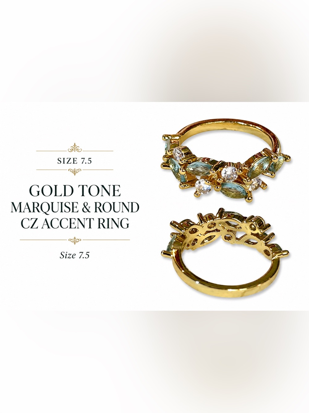 Size 7.5 Aquamarine Blue CZ Ring Gold Tone Marquise Crystal Wedding Promise Ring